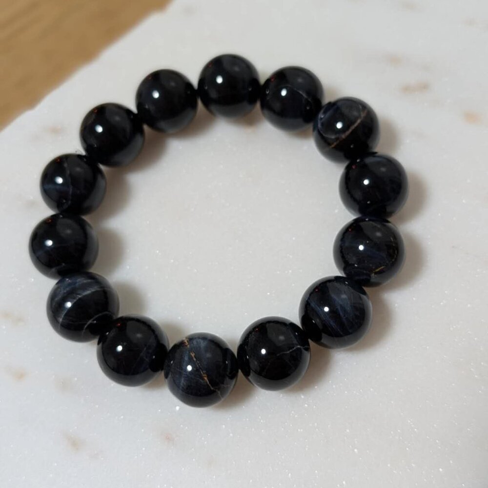 Chatoyant Blue Tiger’s Eye Round Bead Bracelet – Midnight Falcon’s Eye
